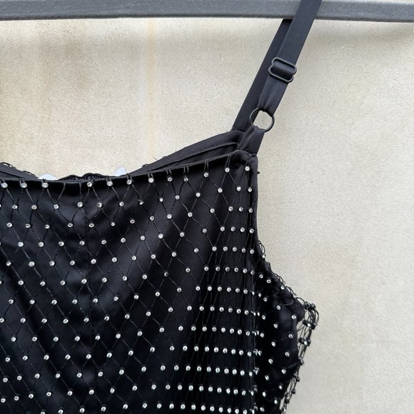 Opening Ceremony Slip Dress Black Satin Fishnet Rhinestone Embellished Sz 2 - Picture 12 of 12
